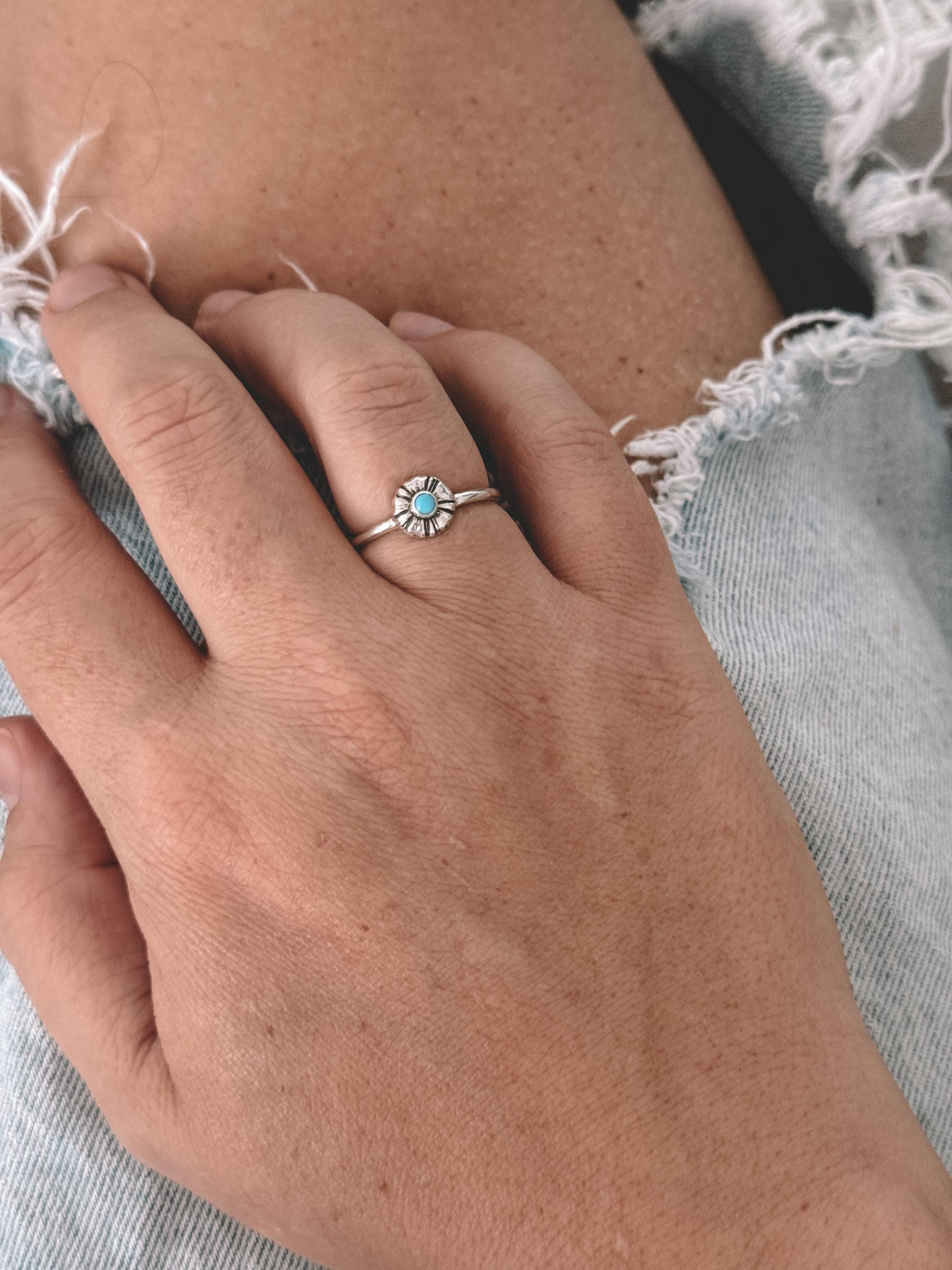 Small Flower and Turquoise Stacker Ring, Silver