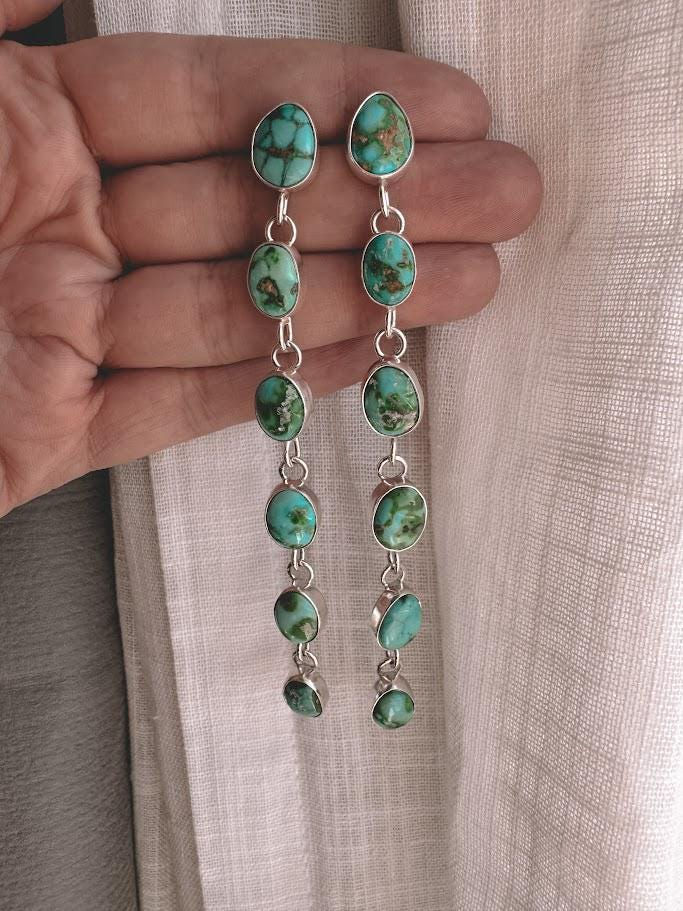 Six-Stone Dangle Earrings, Turquoise, White Buffalo or Pink Conch, Silver or Gol