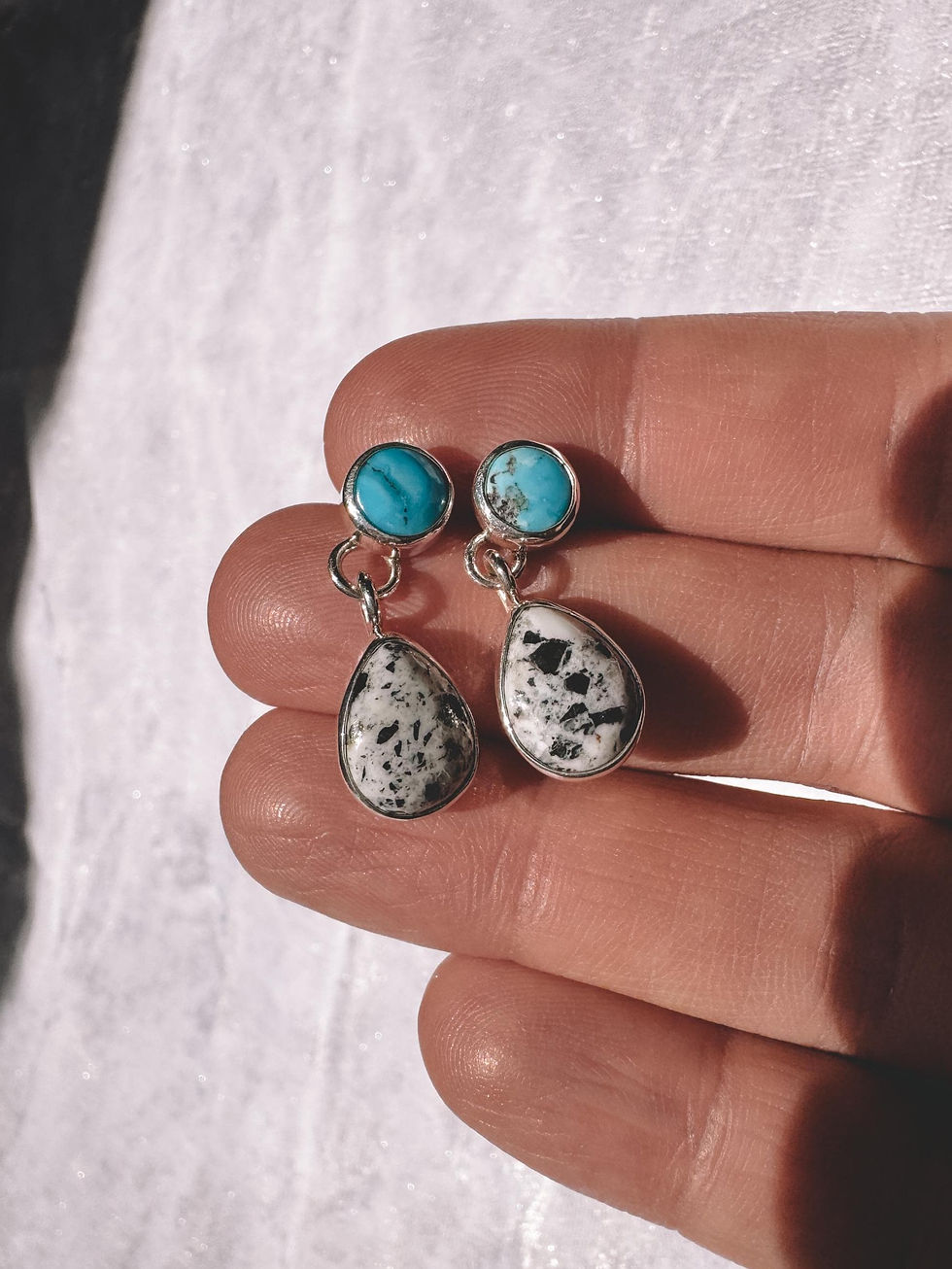Turquoise Stud Dangle Earrings, White Buffalo or Pink Conch, Silver or Gold