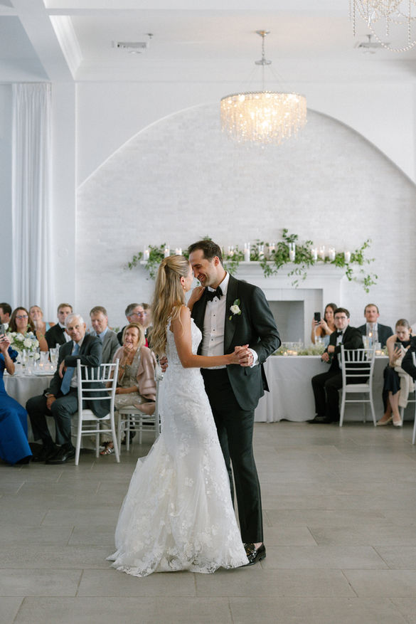 portrait of bride and groom during first dance at wedding at Belle Mer in Newport Rhode Island