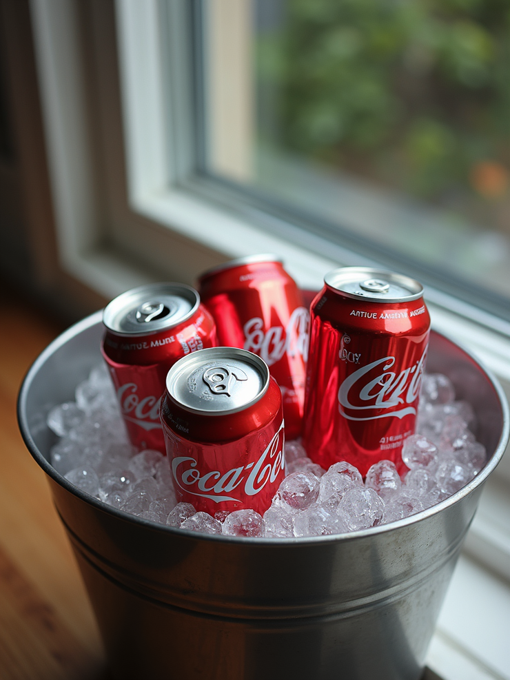Refreshing soda cans nestled in a bed of crushed ice for ultimate summer cooling