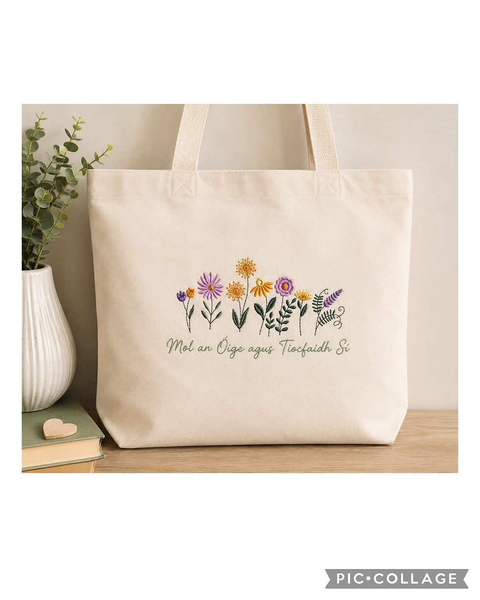 Floral Embroidery with Irish Quote on a Canvas Tote Bag