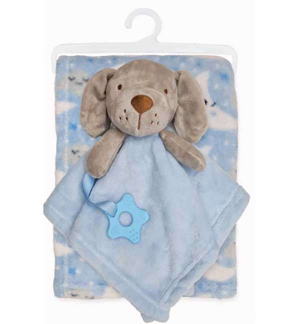 Thumbnail: Blue Blanket with stars, moon and clouds + Puppy Comforter with Teether attatched