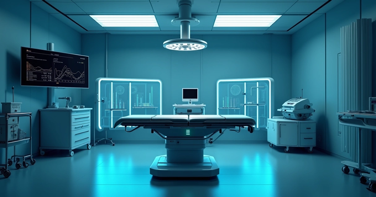Robô de luz UV-C autônomo em sala cirúrgica moderna vazia 