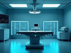 Robô de luz UV-C autônomo em sala cirúrgica moderna vazia