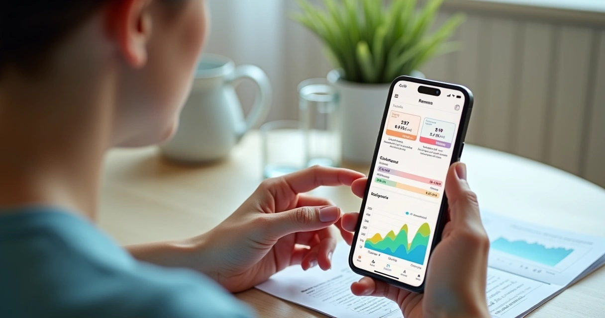 Pessoa analisando resultados de exame em app de saúde com gráfico colorido