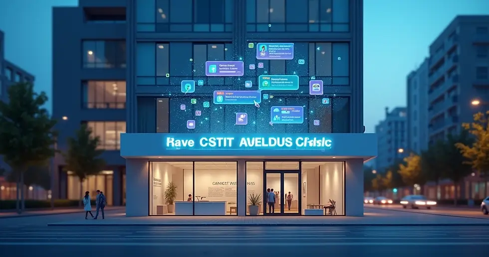Fachada de clínica médica conectada visualmente a interface de IA no céu noturno