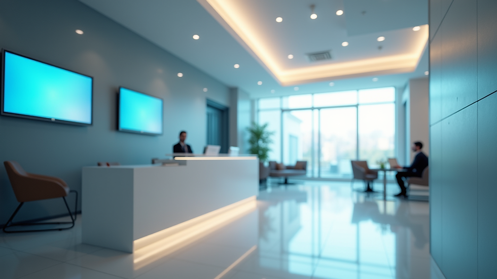 Eye-level view of a modern clinic reception area with digital screens