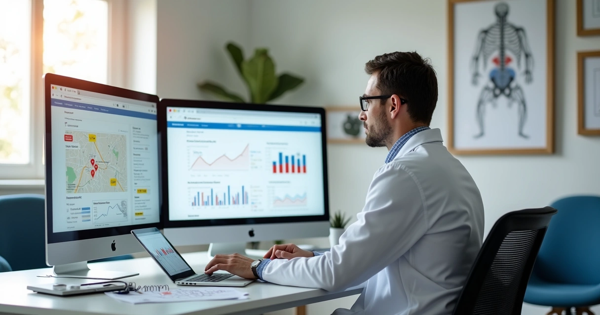 Médico em consultório analisando presença digital em notebooks e gráficos 