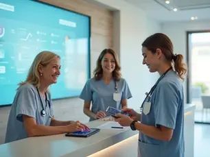 Recepcionista de clínica médica atendendo paciente com painel digital ao fundo