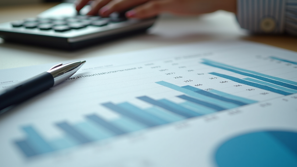 Close-up view of financial charts and calculator on a desk