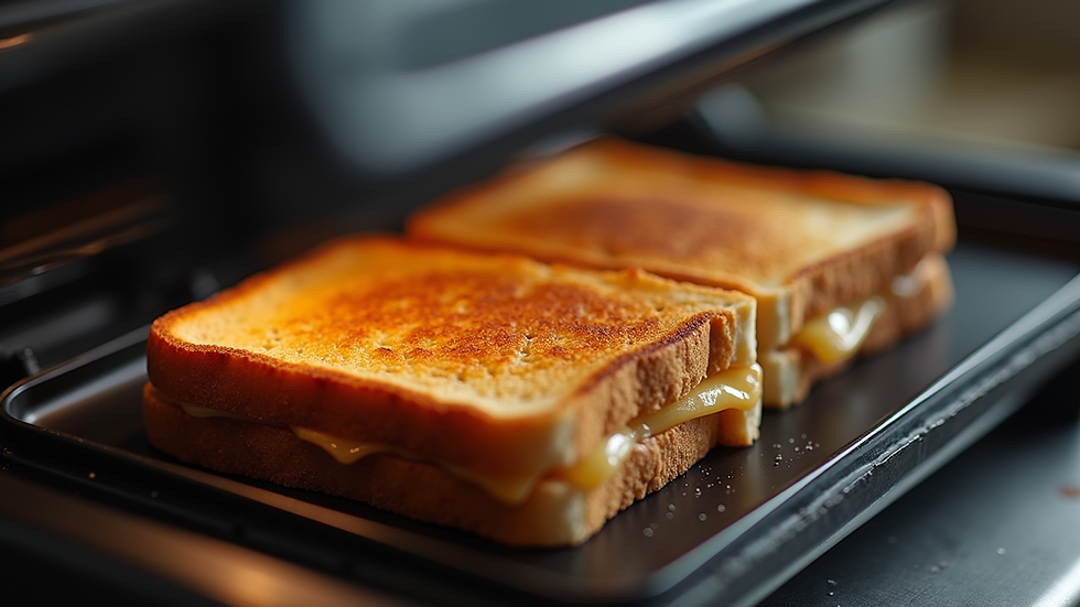 Eye-level view of a toasted sandwich being pressed in a sandwich maker