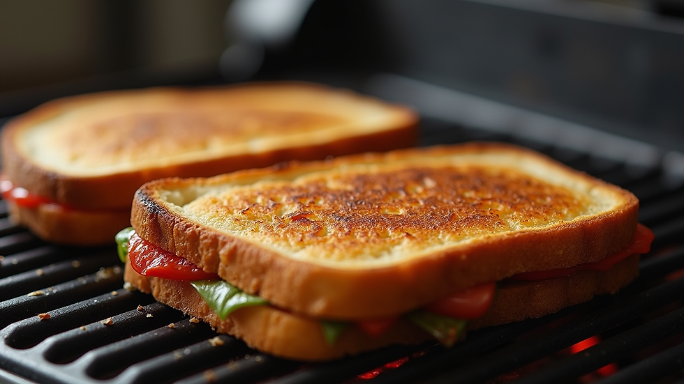 close-up view of a toasted sandwich being prepared on a grill