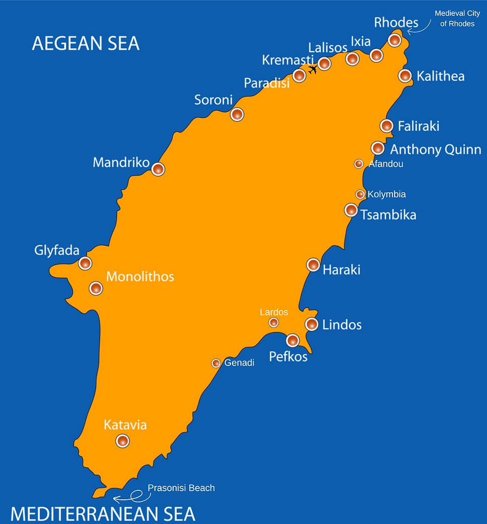 Rhodes map with cities