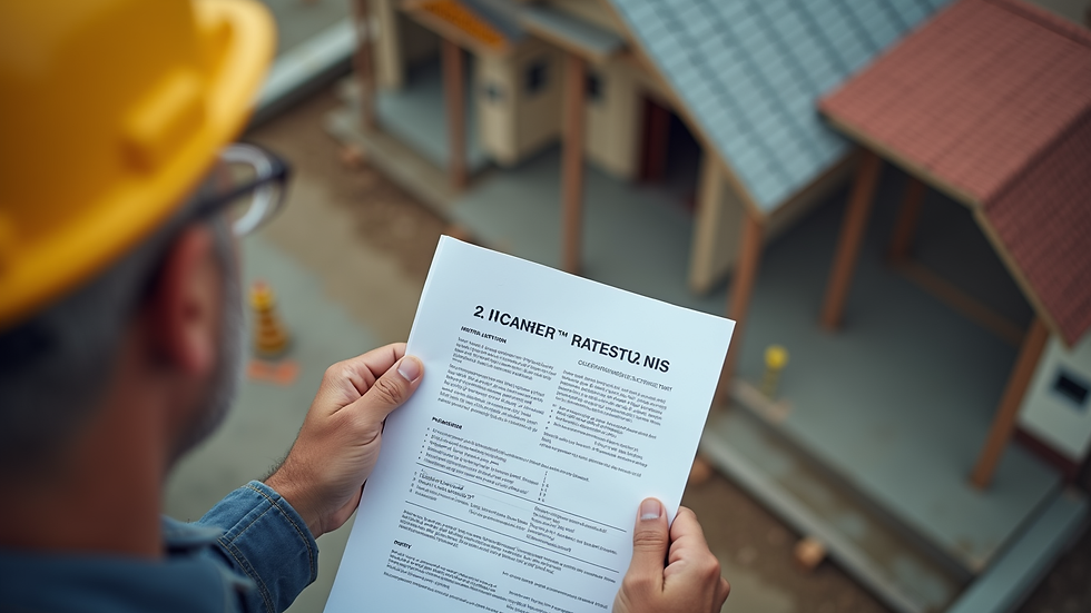 High angle view of a home inspector reviewing inspection report on site