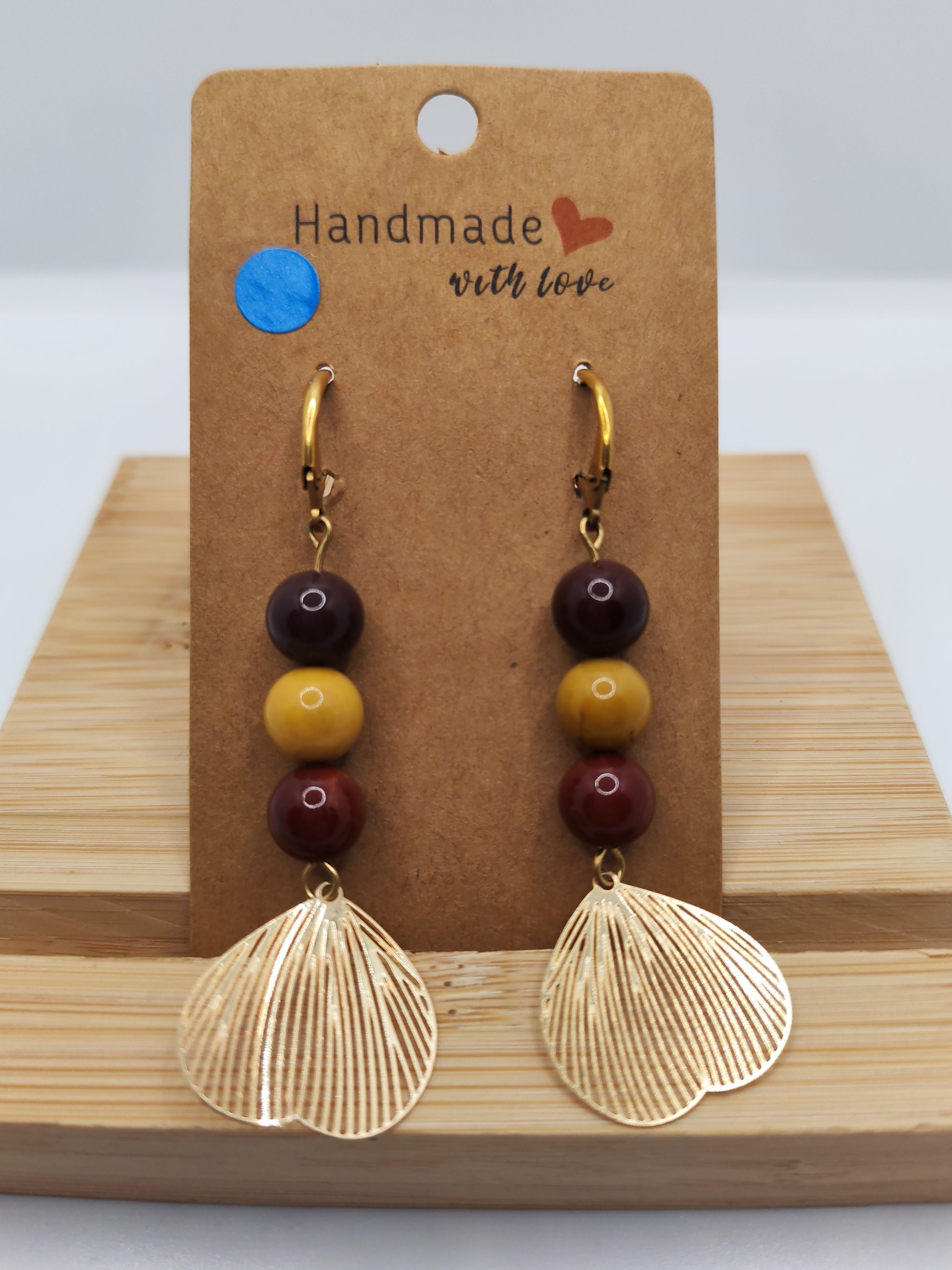 Boucles Jaspe Mokaite 3 perles feuille de gingko