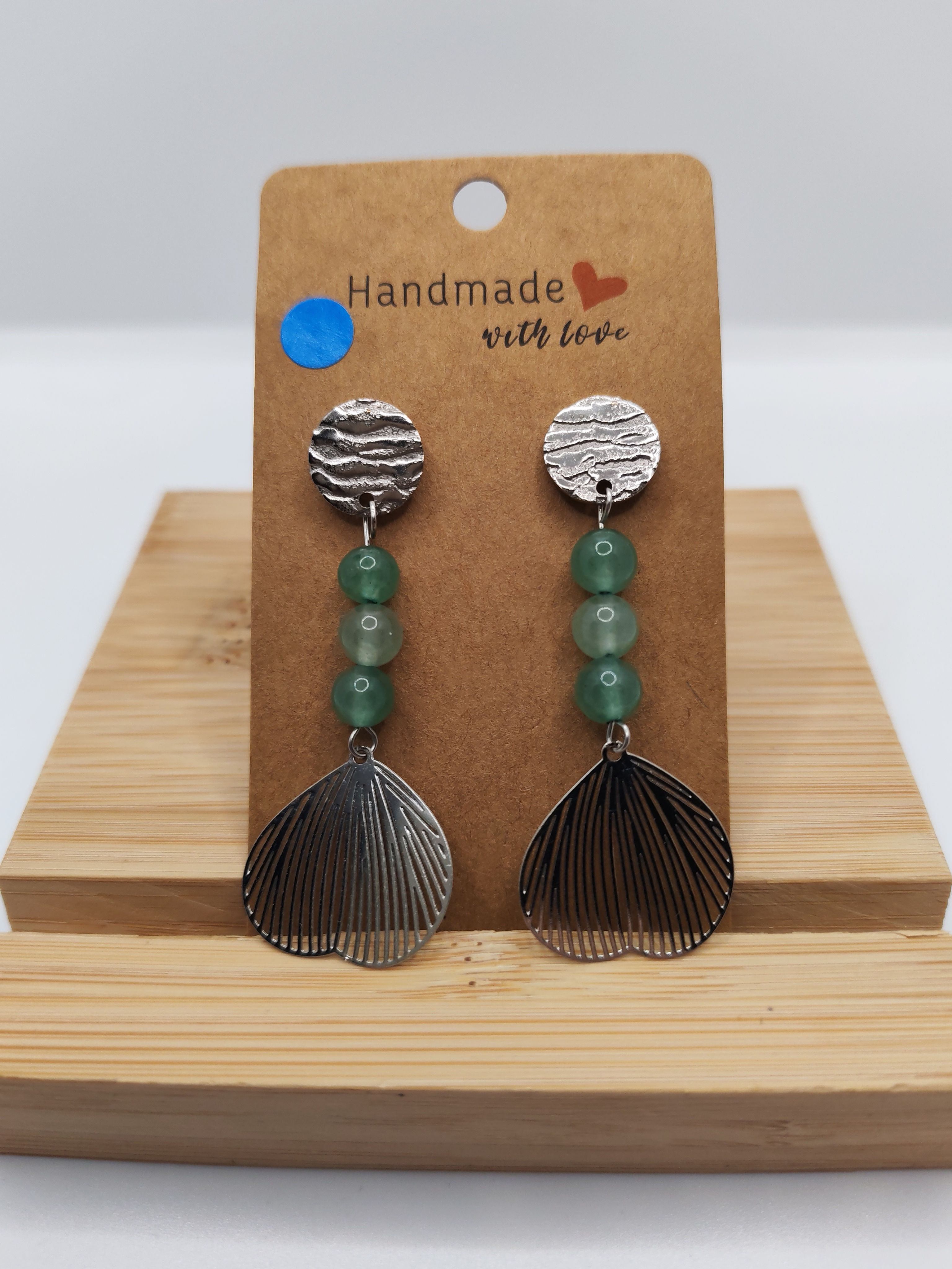 Boucles d oreilles aventurine verte feuille de ginkgo