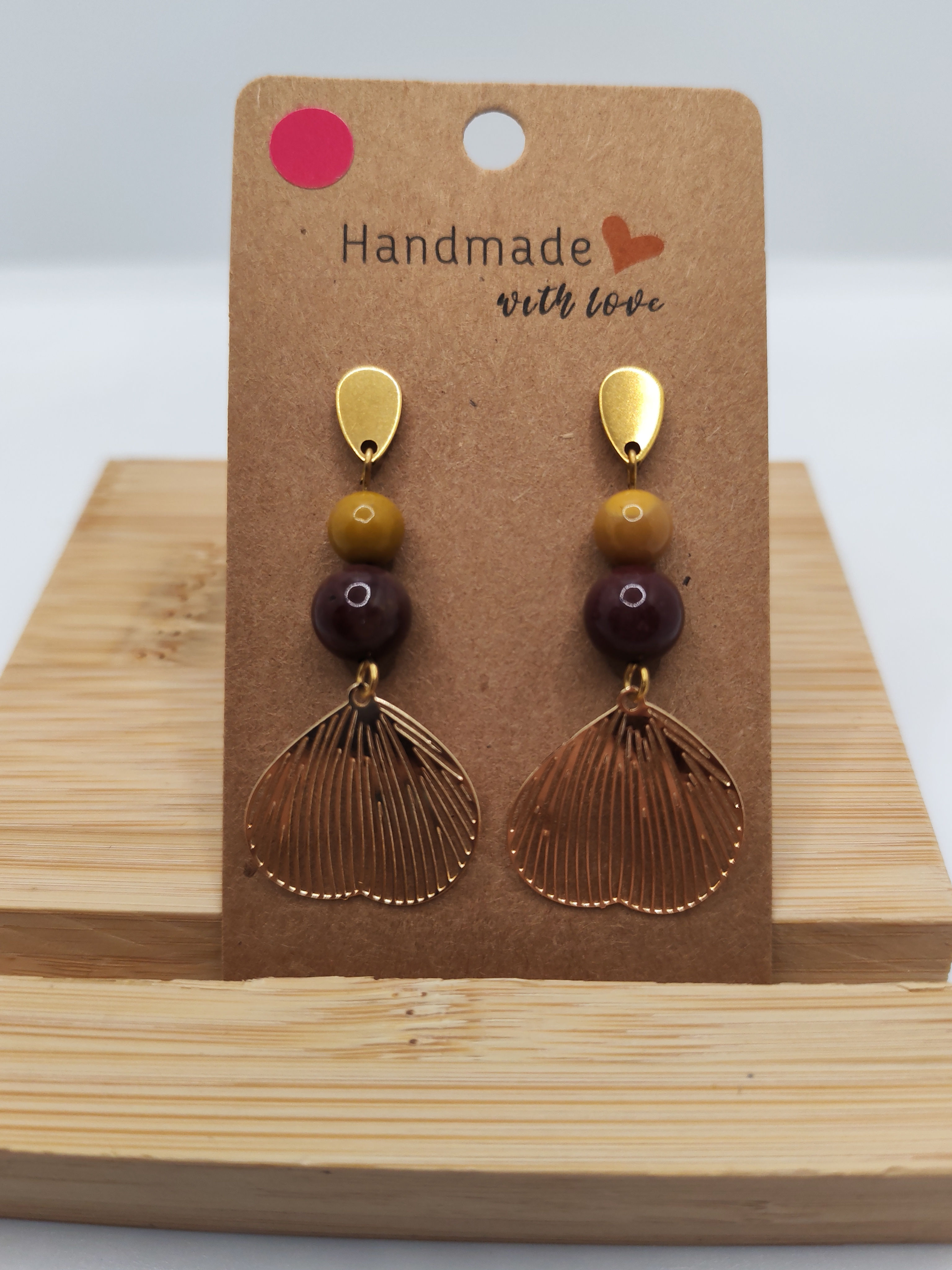 Boucles Jaspe Mokaite 2 perles feuille de gingko