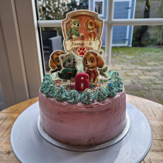 Vegan pink cake with Paw Patrol edible photo, age candle, sprinkle border, and pink and turquoise piping