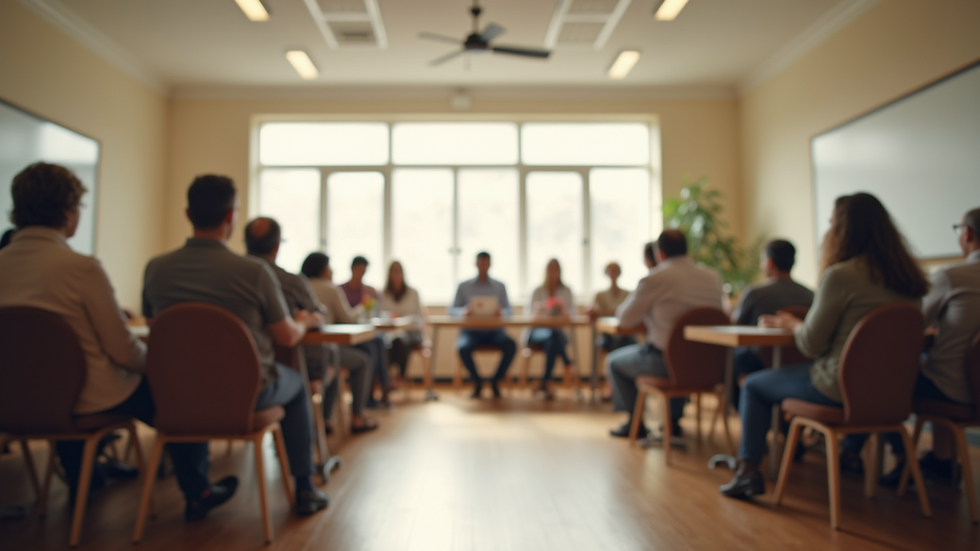 Eye-level view of a community center room set up for a family support meeting