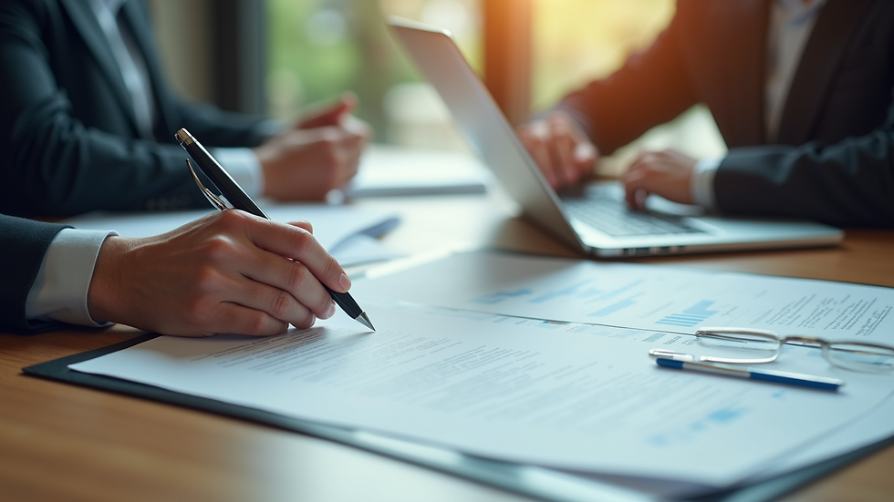 High angle view of a business meeting with legal documents and laptop