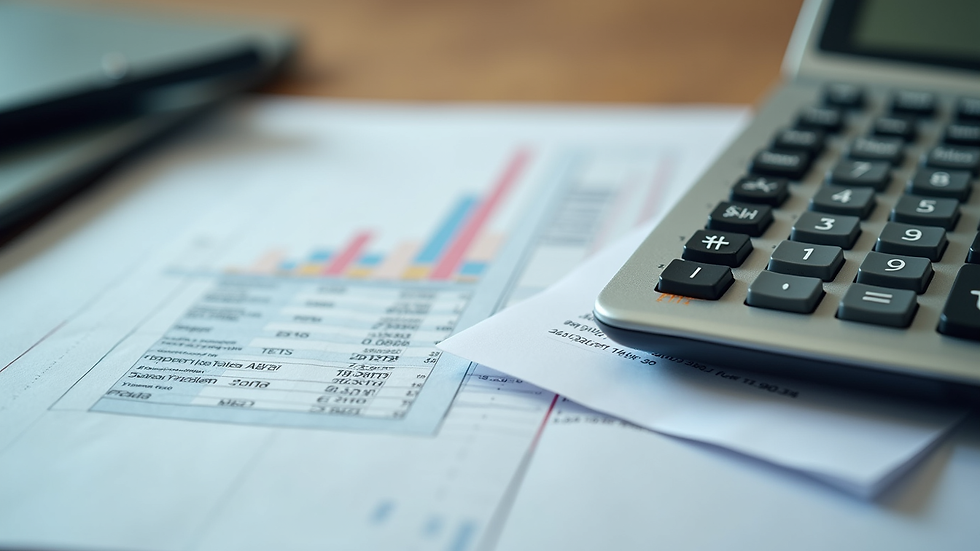 Close-up view of financial documents and calculator on desk