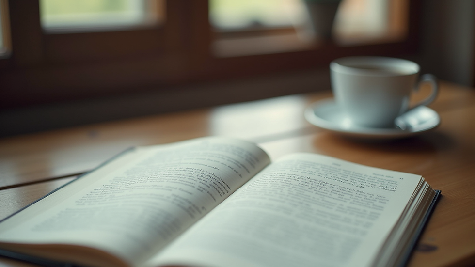 Eye-level view of a writer's desk with an open manuscript and a cup of coffee