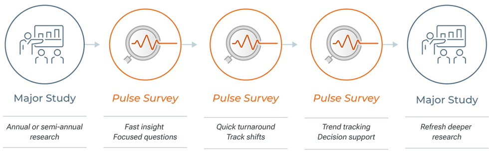 Diagram showing workflow: Major Study (annual research) to three Pulse Surveys (fast insight) and back to Major Study (deeper research).