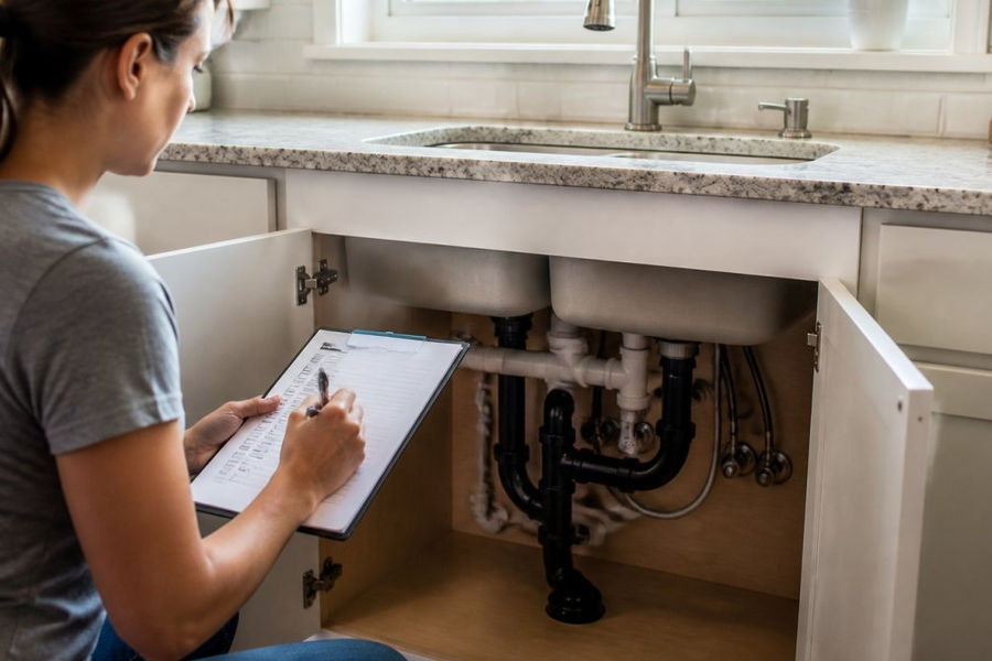 Homeowner reviewing inspection checklist on clipboard while standing in front of kitchen sink, examining visible pipes and drain-waste-vent system under the counter with natural lighting