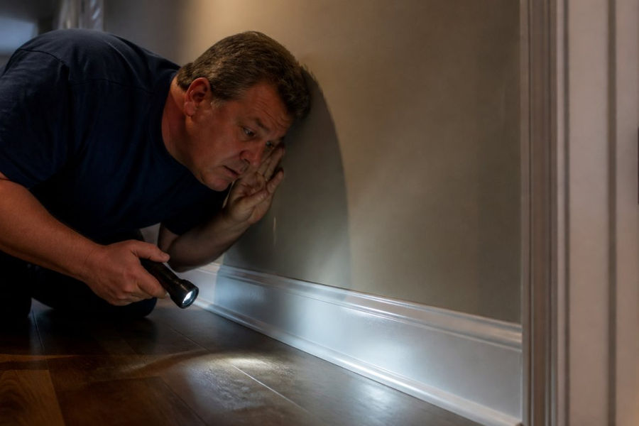 Homeowner pressing ear against a hallway wall with a flashlight, listening for dripping sounds near a baseboard at night