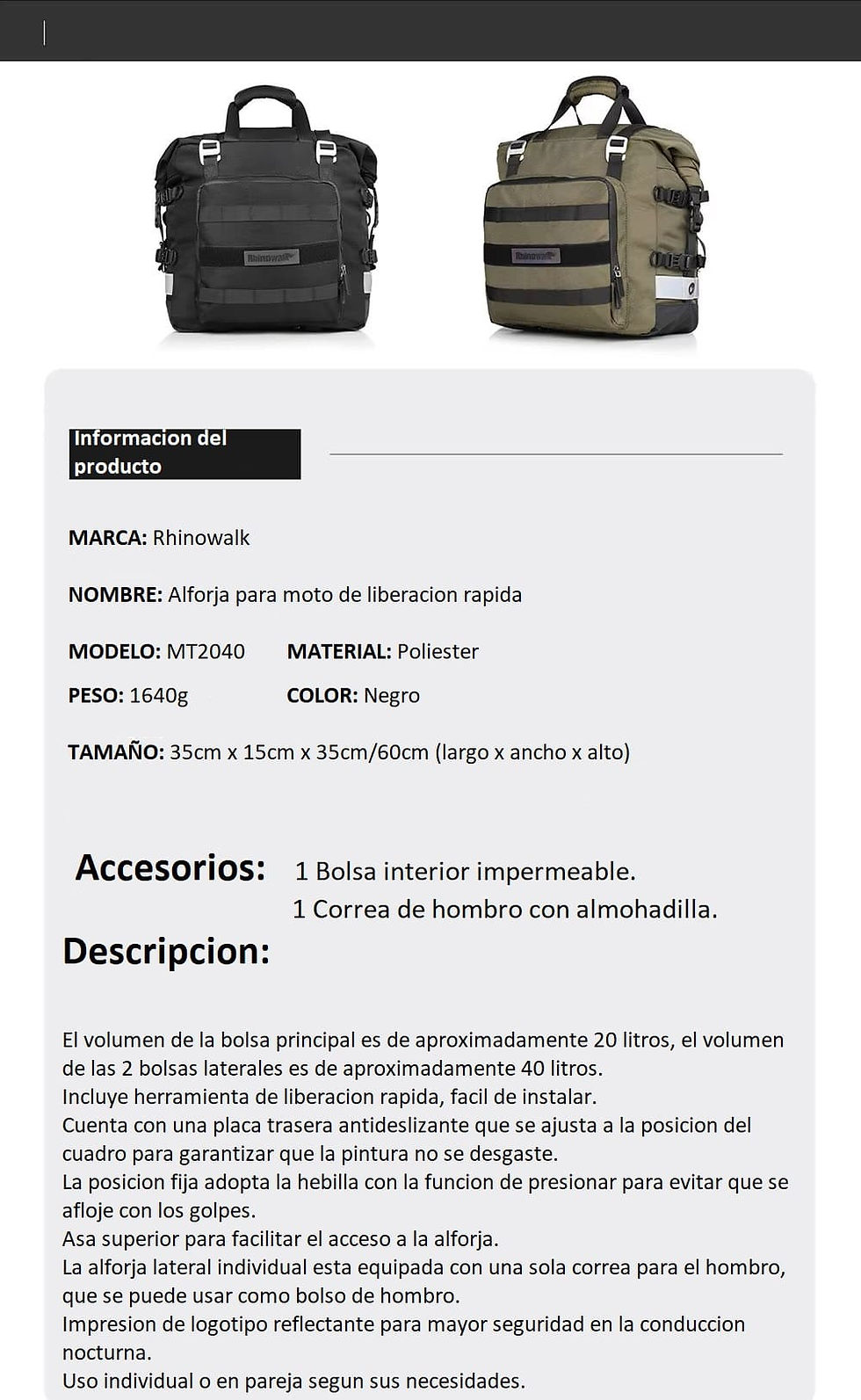 Miniatura: Alforja Rhinowalk 40L Totales