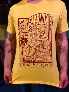 T-Shirt Design für die Band Bubonix, rot auf gelb  