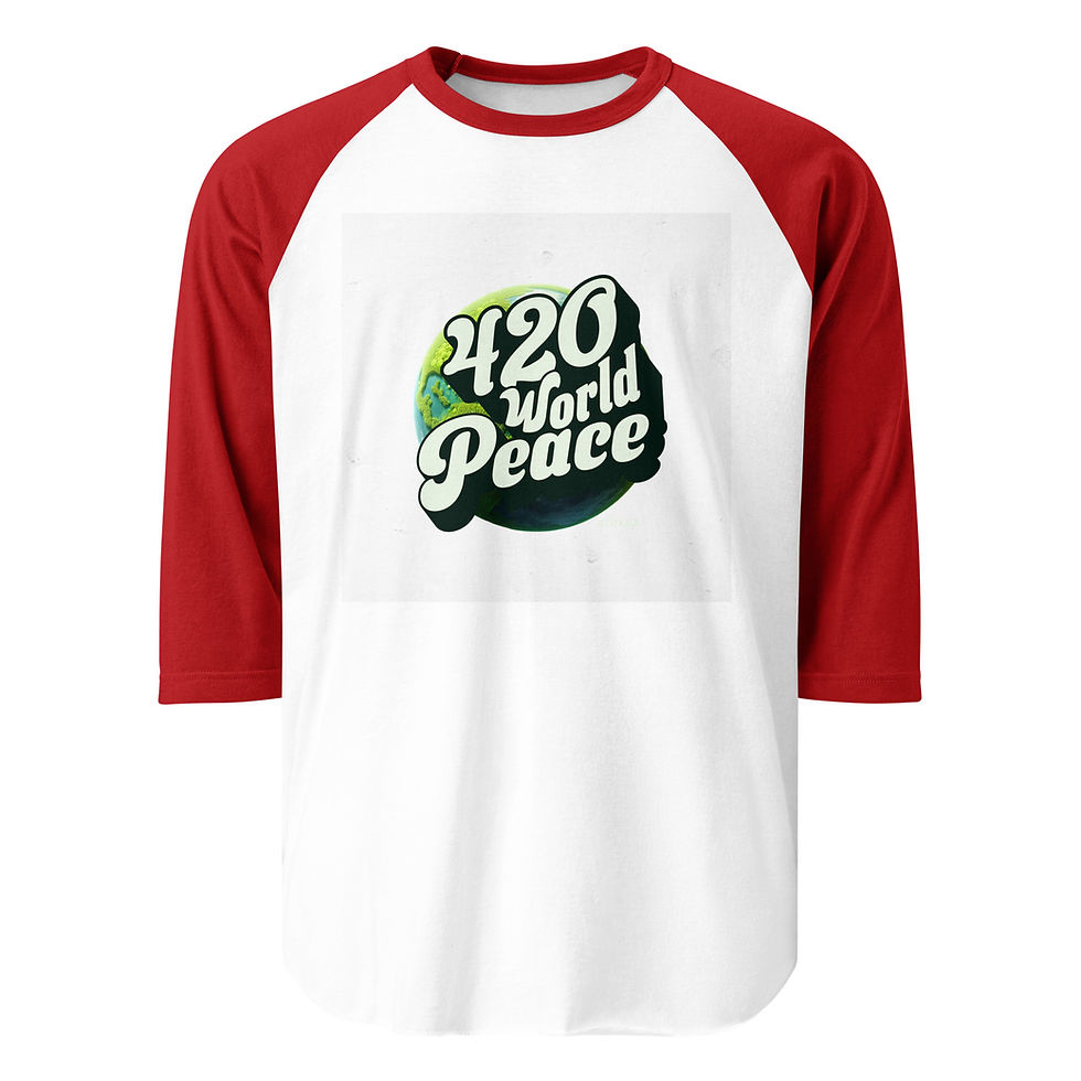 Thumbnail: White raglan t-shirt with red sleeves and '420 World Peace' graphic