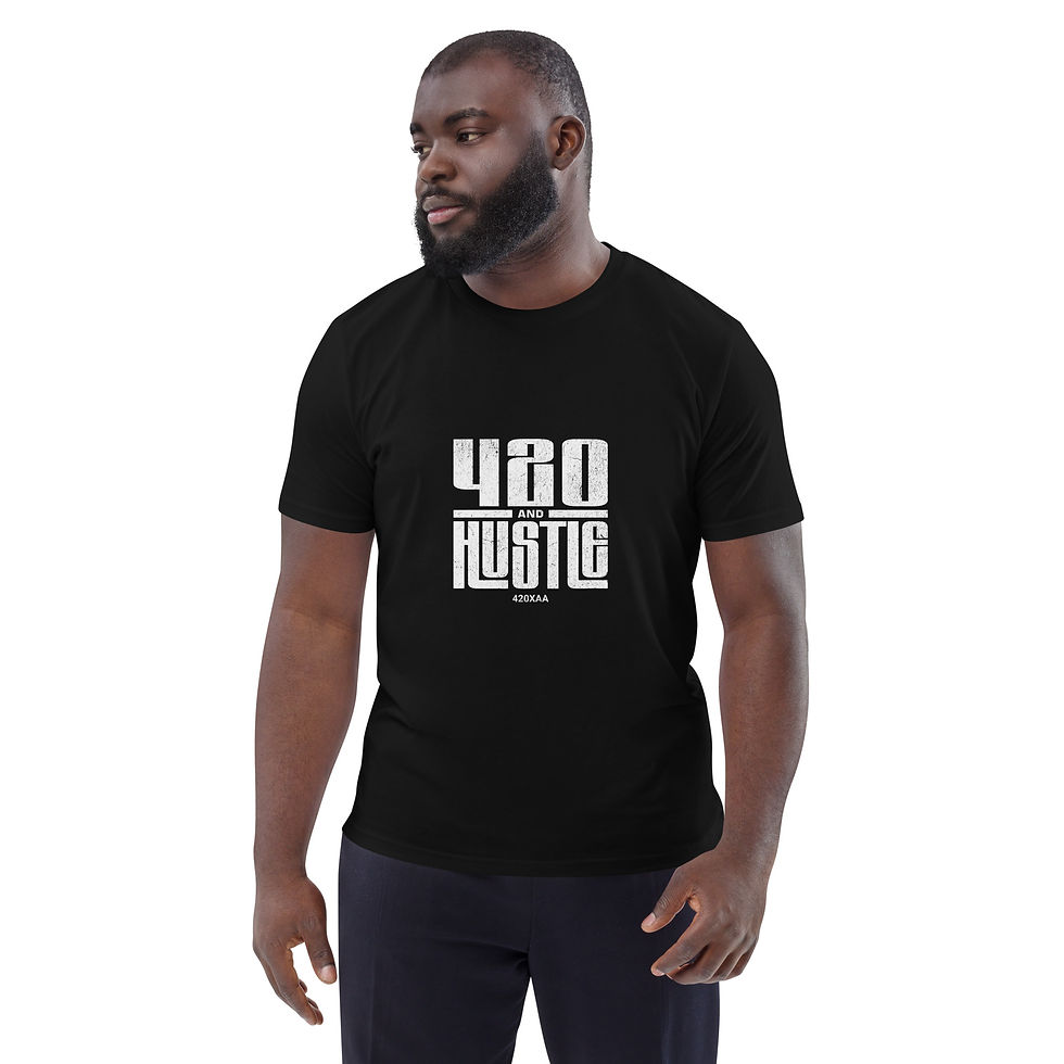 Thumbnail: Man wearing black t-shirt with 420 HUSTLE text