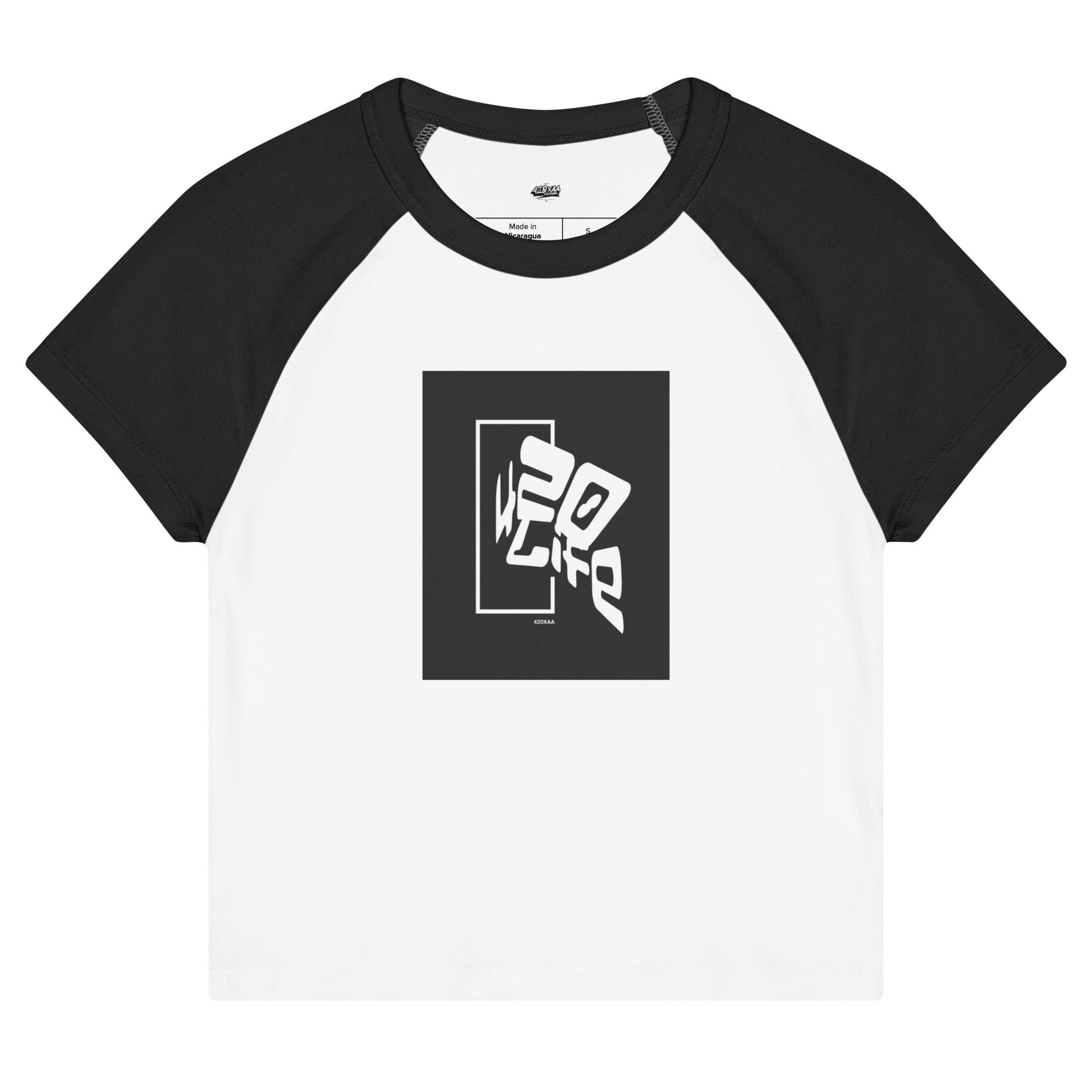White and black raglan crop top with stylized CORE design