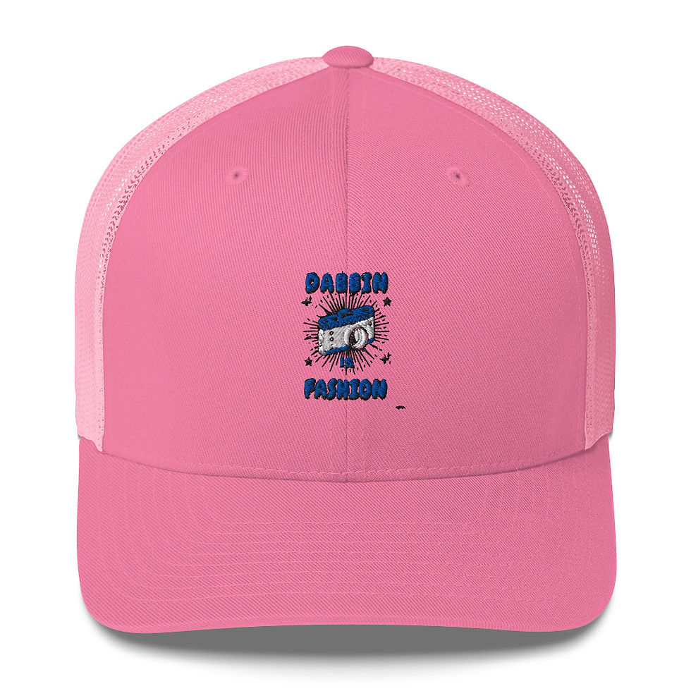 Thumbnail: Pink trucker cap with 'DABBIN' & PARKAN'' text and house design