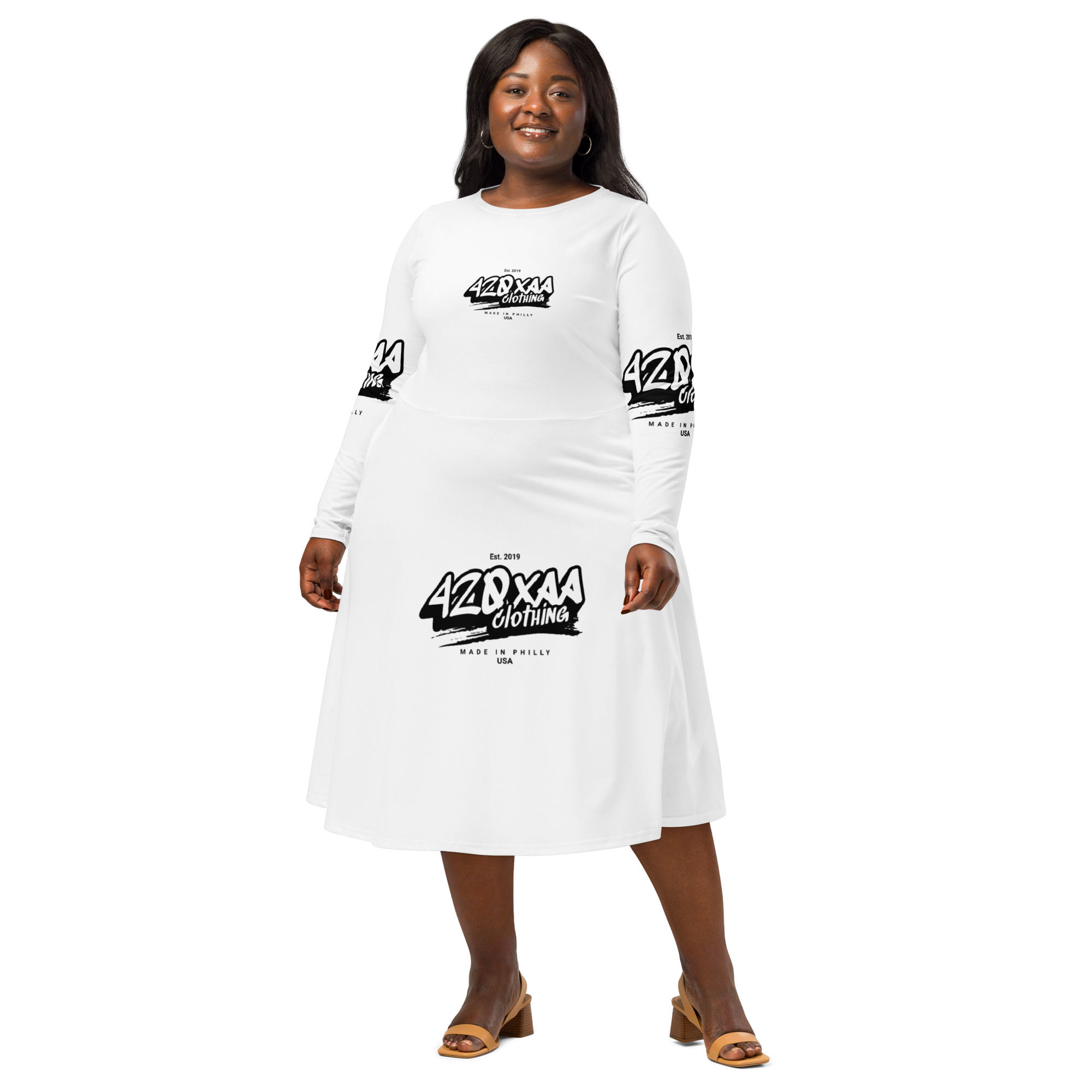 All-over print long sleeve midi dress