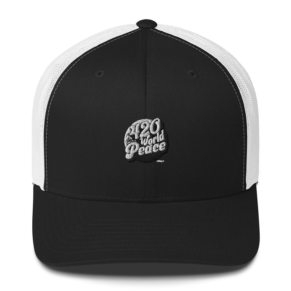 Black and white trucker cap with "420 World Peace" text