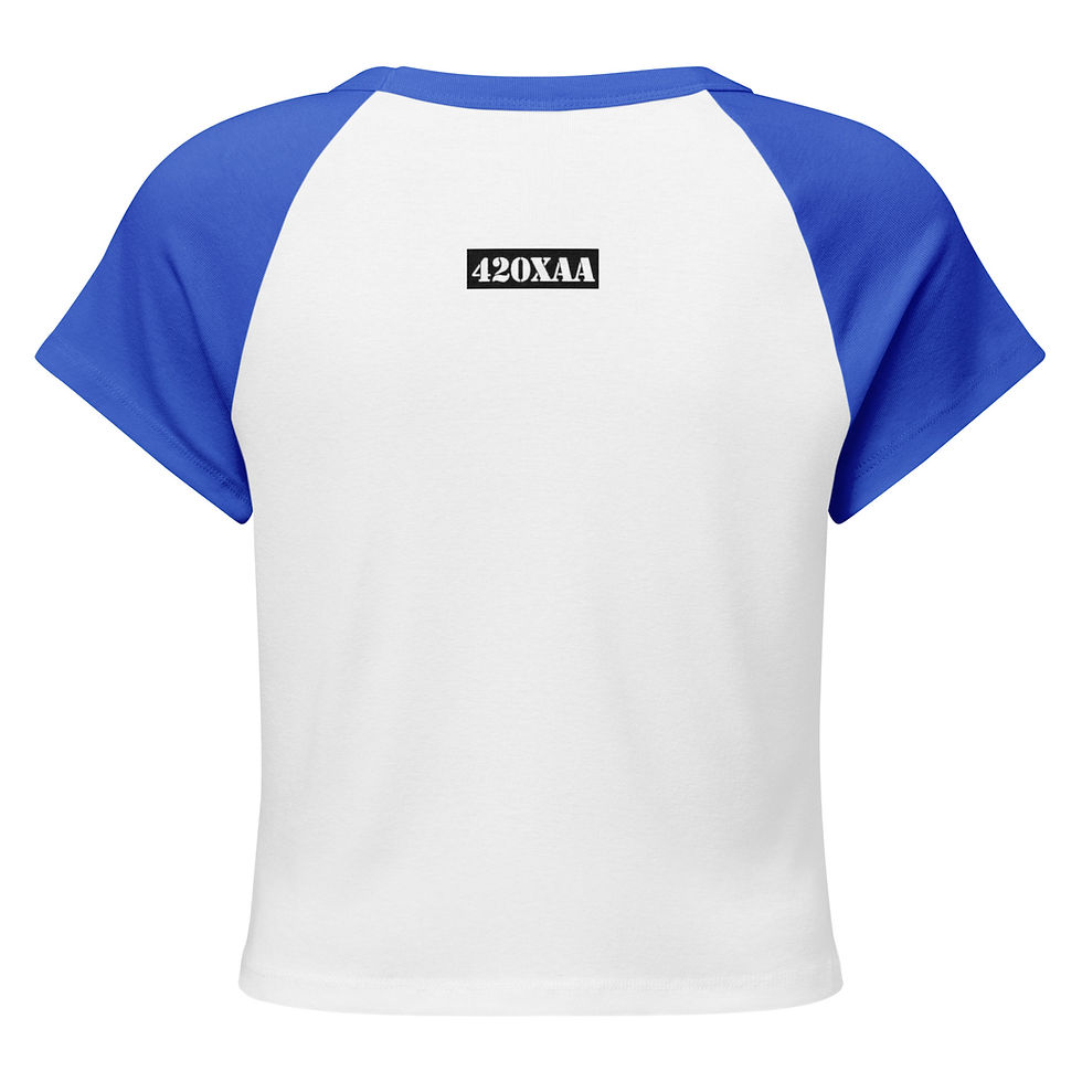Thumbnail: White crop top with blue sleeves and 42OXAA logo