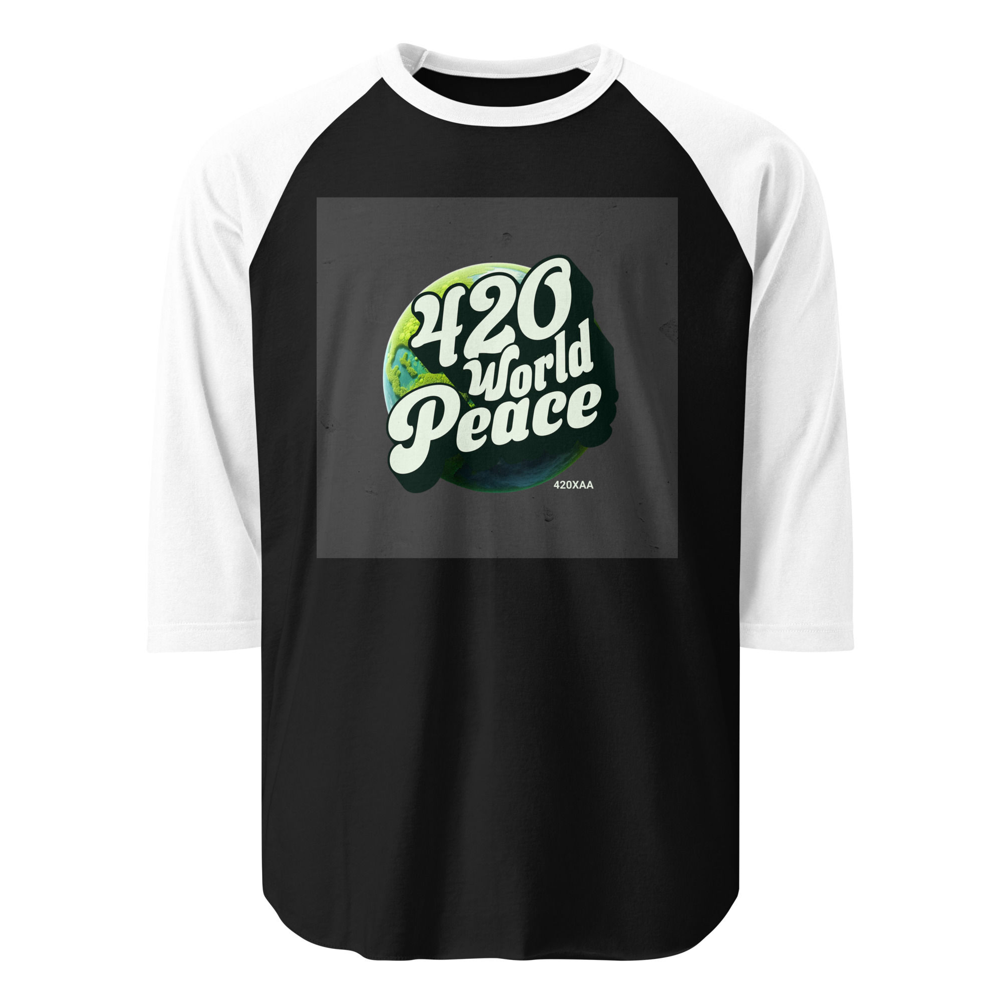 Black raglan t-shirt with '420 World Peace' design