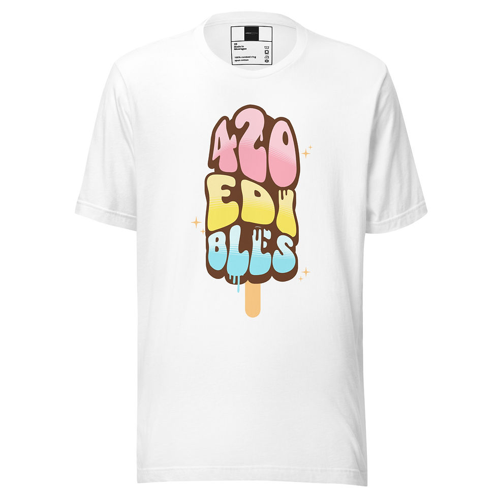 White t-shirt with 420 EDIBLES popsicle graphic