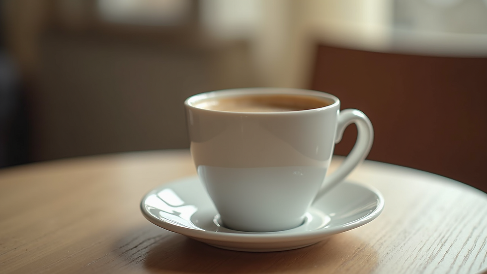 Eye-level view of a glossy white mug filled with coffee on a cozy table