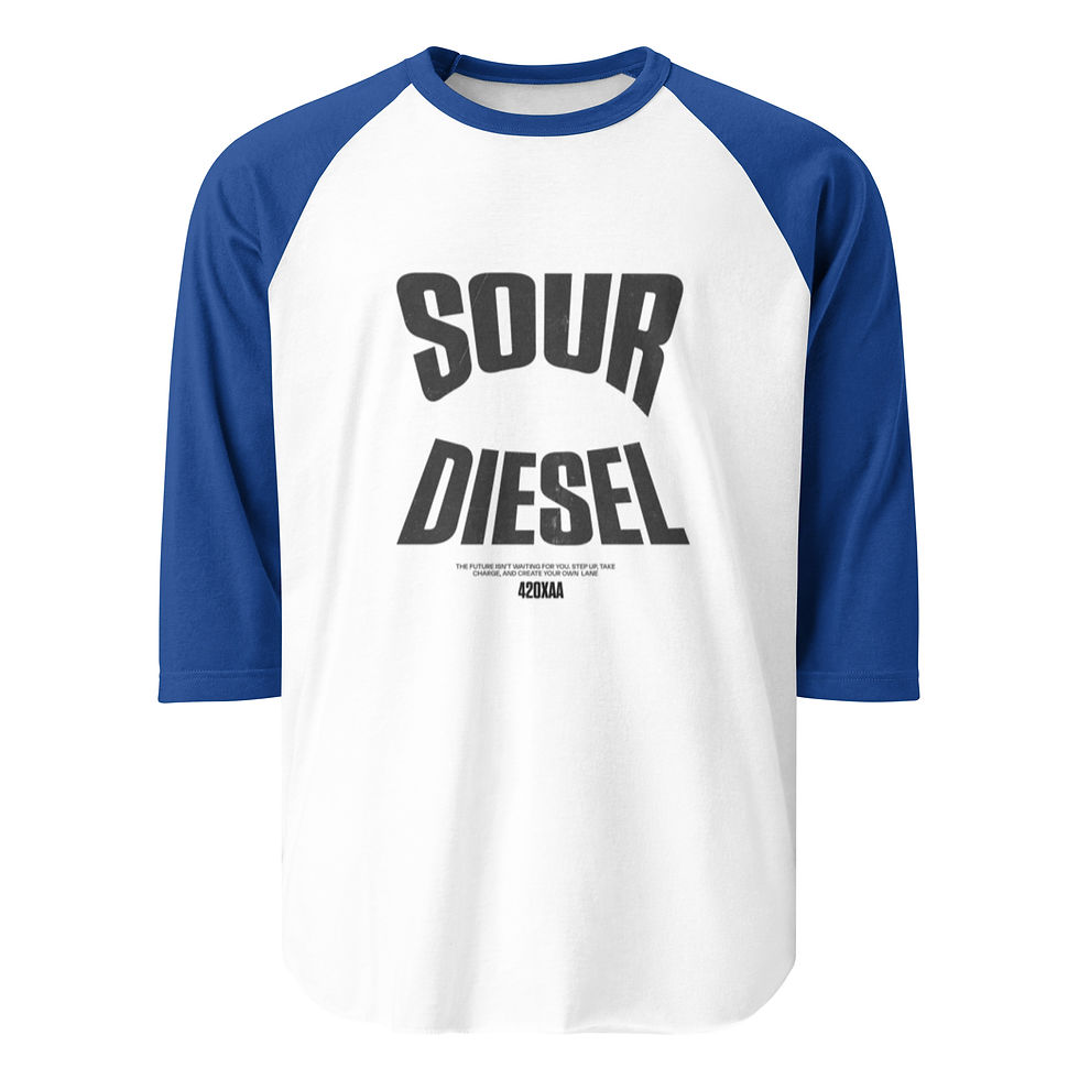 Thumbnail: White shirt with blue sleeves, 'SOUR DIESEL'