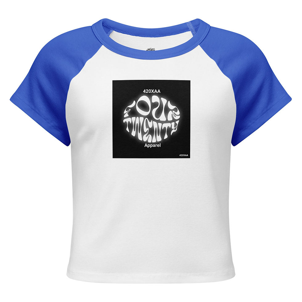 Thumbnail: White crop top with blue raglan sleeves and 'LOST MY MIND' design