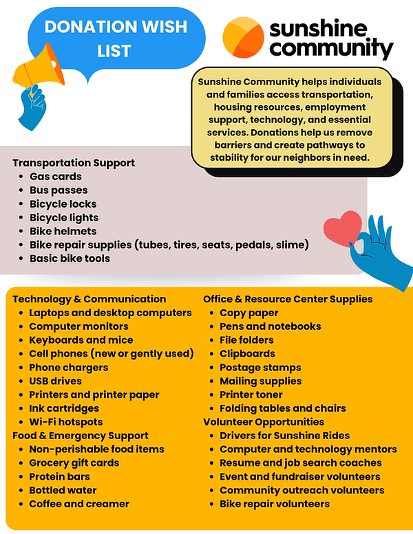 SUNSHINE COMMUNITY Donation Wish List Helping neighbors rebuild stability, connection, and