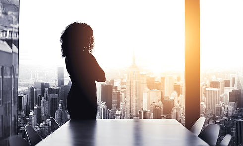 Shes got big plans to run the city. Silhouetted shot of a young businesswoman looking at a