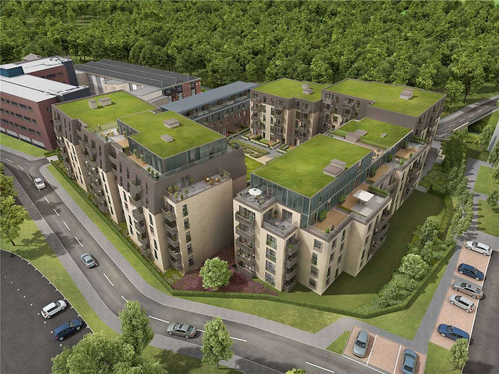 apartment blocks with grass roof