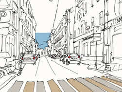 Sketch of a narrow city street with parked cars and scooters, parking signs, a crosswalk, and buildings under a blue sky.