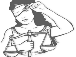 Blindfolded person holding scales of justice, partially lifting the blindfold. Monochrome sketch, symbolizing impartiality and judgment.