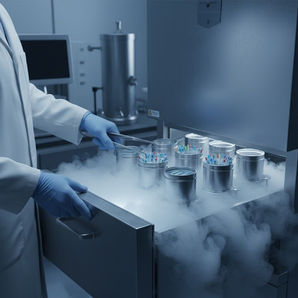 A scientist in a lab coat, with blue gloves, handles metal canisters in a foggy cryogenic freezer, conveying a high-tech atmosphere.